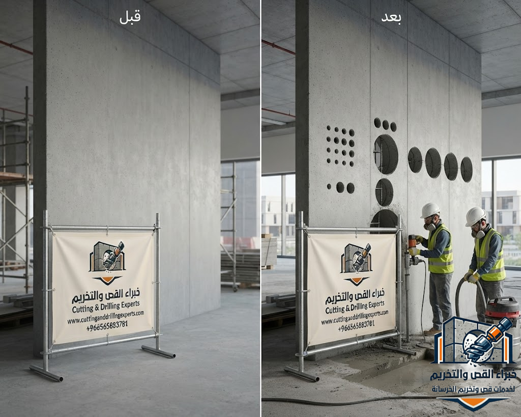 قص بلاطات وأسقف خرسانية حي الحوية الطائف باستخدام الواير الماسي لتنفيذ فتحات دقيقة للمباني السكنية والتجارية